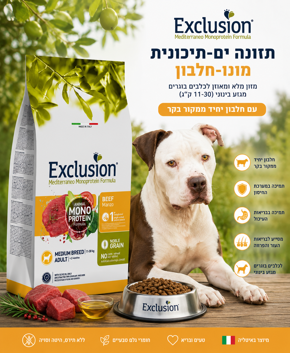 🐾 Exclusion Beef Monoprotein – מזון יבש לכלבים בוגרים מגזע בינוני 🐶🥩